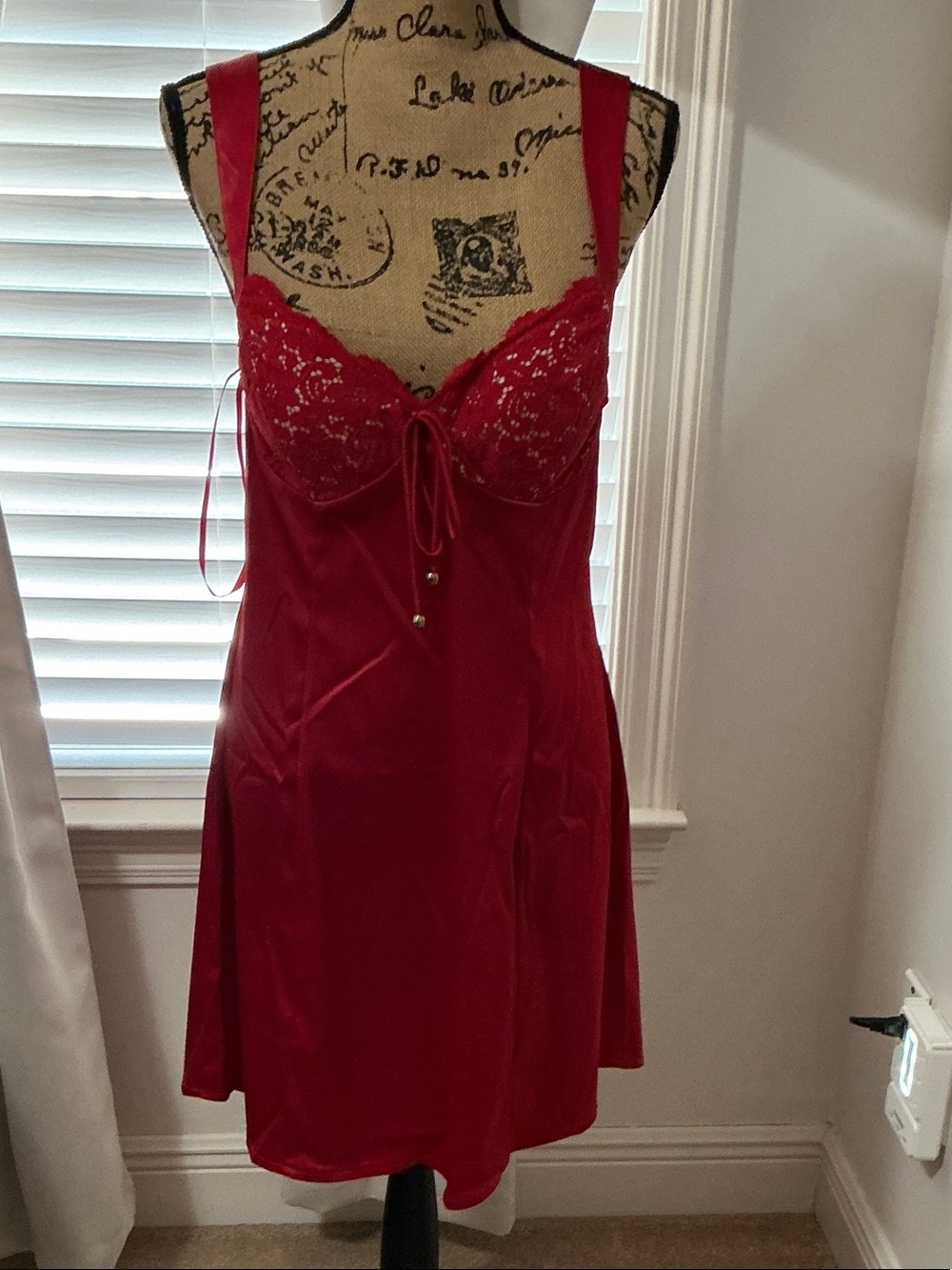 Lace-Trim Satin Chemise Nightdress - Red